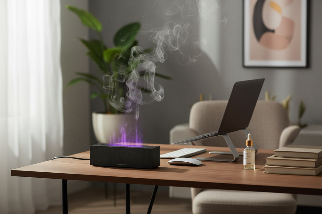 Home office with purple flame